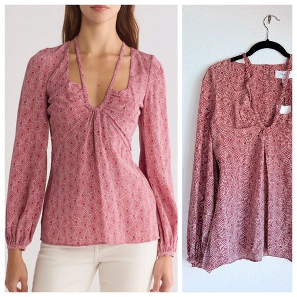 NWT Equipment Femme Arden 100% Silk Geometric Print Blouse in Earth Red Size 6 - Picture 1 of 14